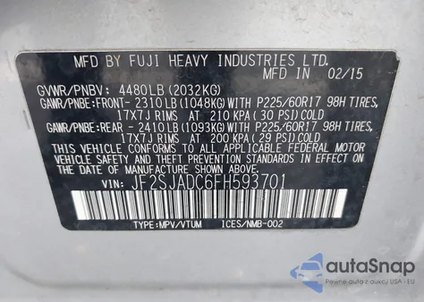 2015 Subaru Forester 2.5I Premium из США, поврежденный, VIN JF2SJADC6FH593701